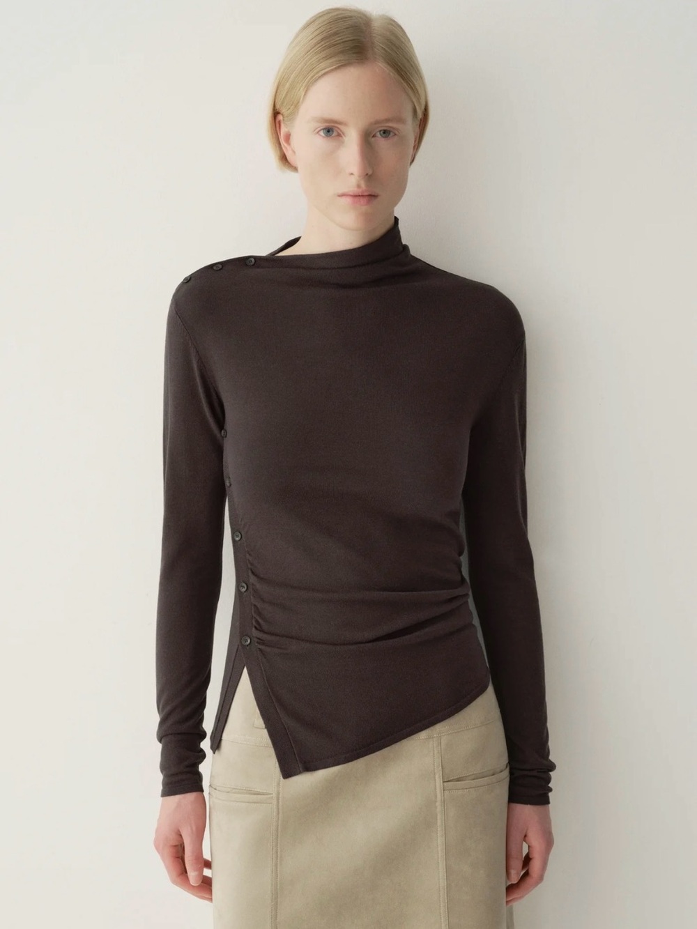Long Sleeve Side-Button Asymmetric Top in Dark Brown